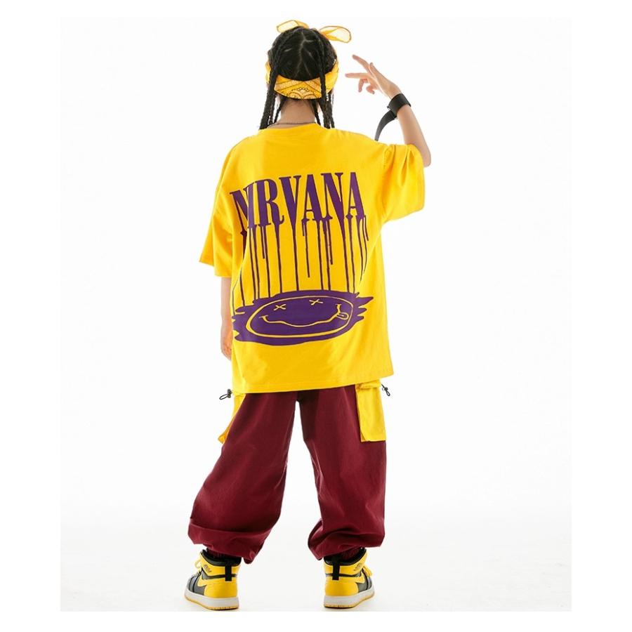 ヒップホップ 衣装 キッズダンス衣装 セットアップ 韓国 子供ダンス服 派手黄色 K-POP hiphop 男の子 ガールズ ダンス衣装 キッズ Tシャツ パンツの画像