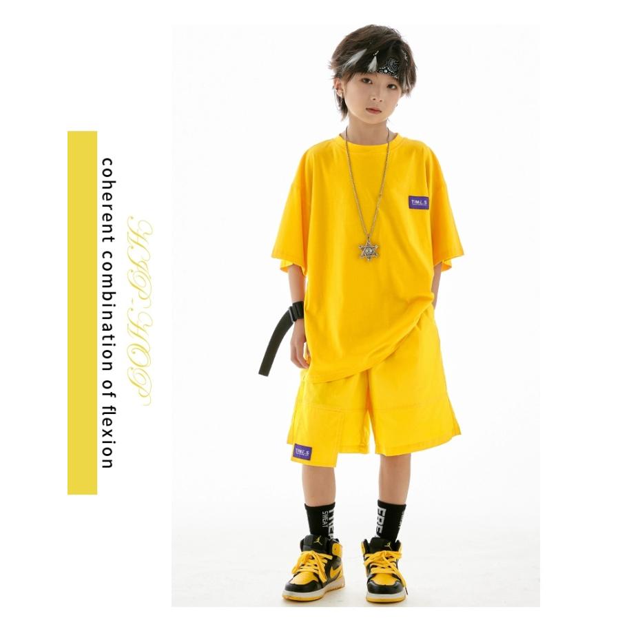 ヒップホップ 衣装 キッズダンス衣装 セットアップ 韓国 子供ダンス服 派手黄色 K-POP hiphop 男の子 ガールズ ダンス衣装 キッズ Tシャツ パンツの画像