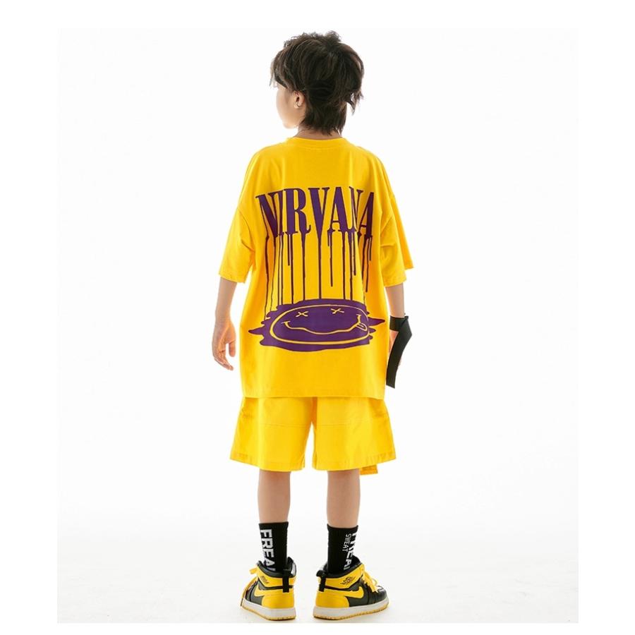 ヒップホップ 衣装 キッズダンス衣装 セットアップ 韓国 子供ダンス服 派手黄色 K-POP hiphop 男の子 ガールズ ダンス衣装 キッズ Tシャツ パンツの画像