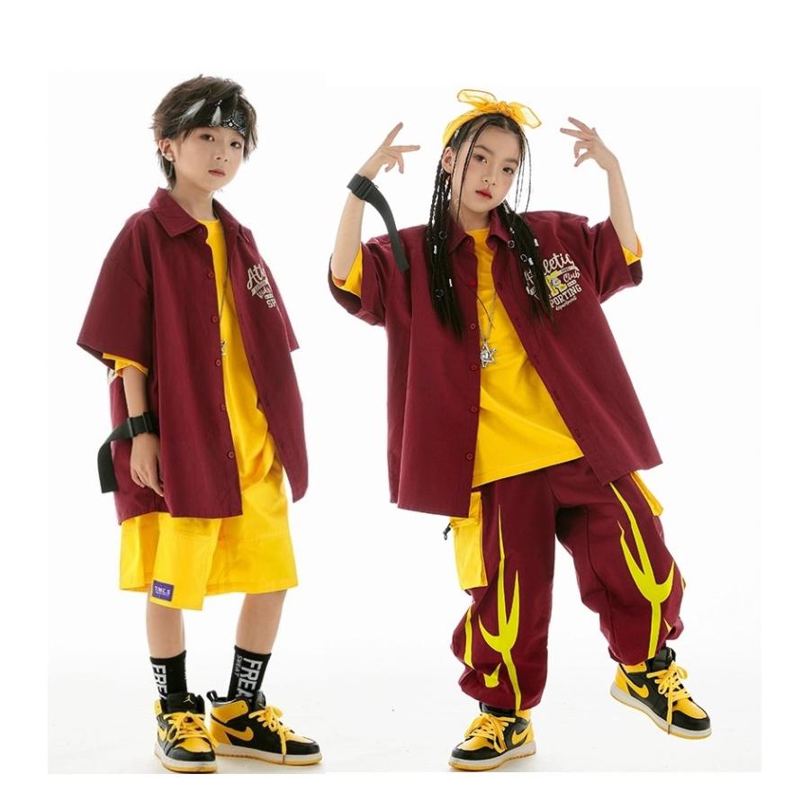 ヒップホップ 衣装 キッズダンス衣装 セットアップ 韓国 子供ダンス服 派手黄色 K-POP hiphop 男の子 ガールズ ダンス衣装 キッズ Tシャツ パンツの画像