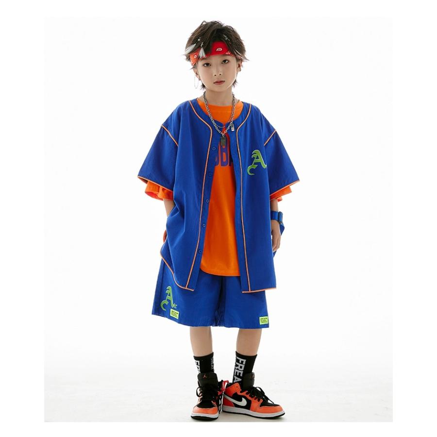 ベリーダンス セットアップ 青とオレンジ キッズ ダンス 衣装 オレンジ 青 ヒップホップ ダンス衣装