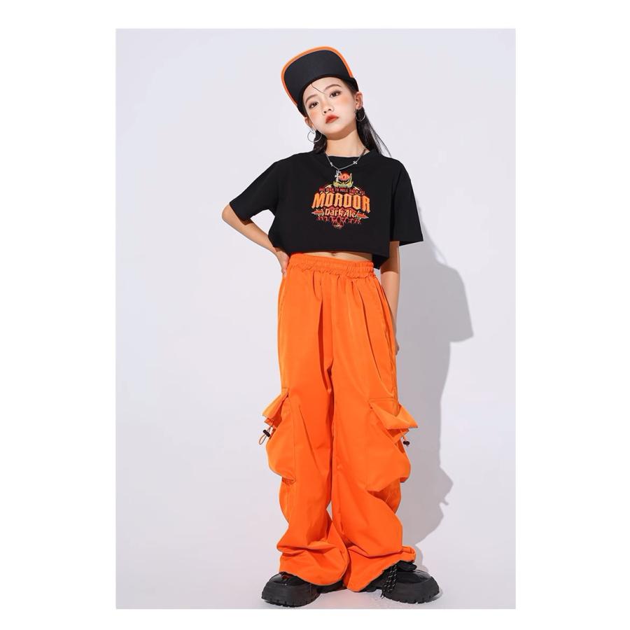 ヒップホップ 衣装 黒 オレンジ キッズダンス衣装 セットアップ 子供