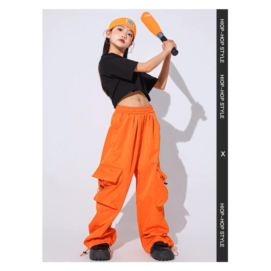ヒップホップ 衣装 黒 オレンジ キッズダンス衣装 セットアップ 子供