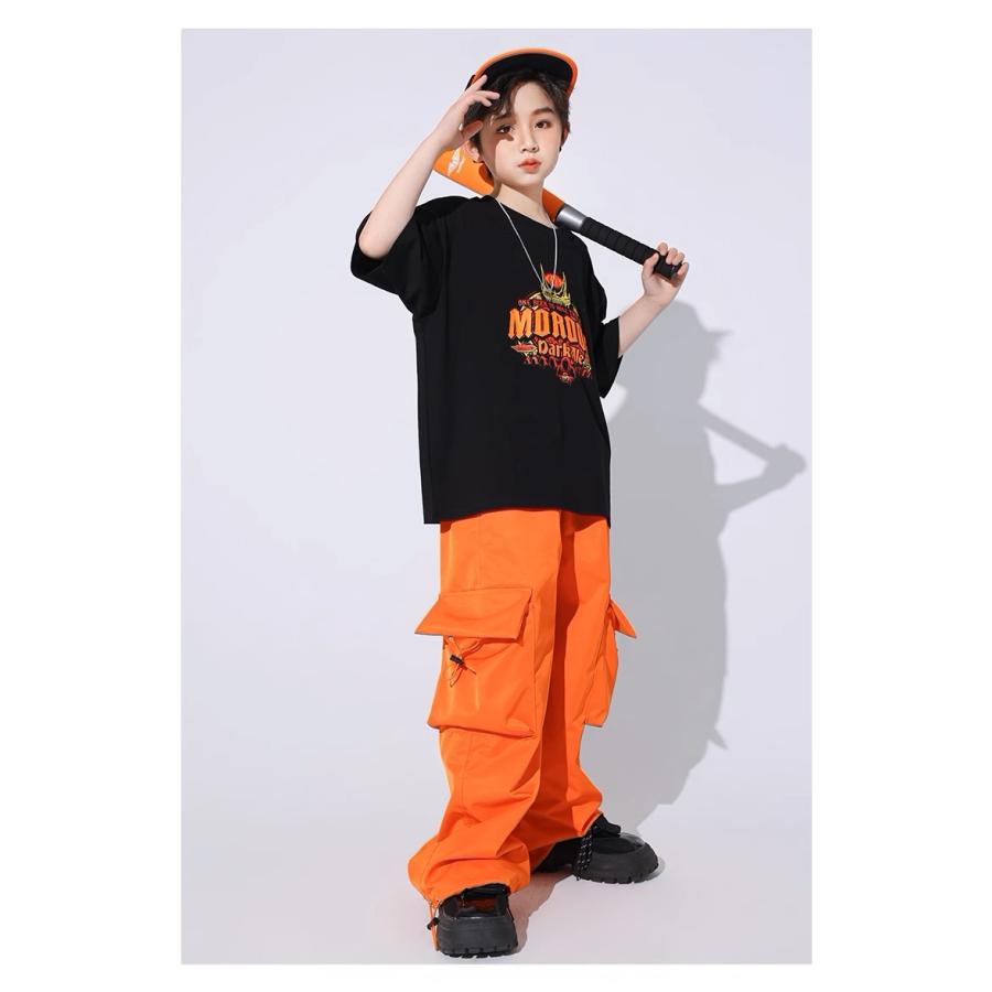 ヒップホップ 衣装 黒 オレンジ キッズダンス衣装 セットアップ 子供