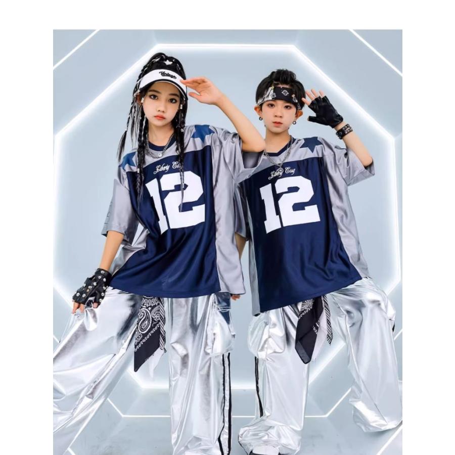 キッズダンス衣装 セットアップ 派手 キラキラTシャツ 銀 シルバー K
