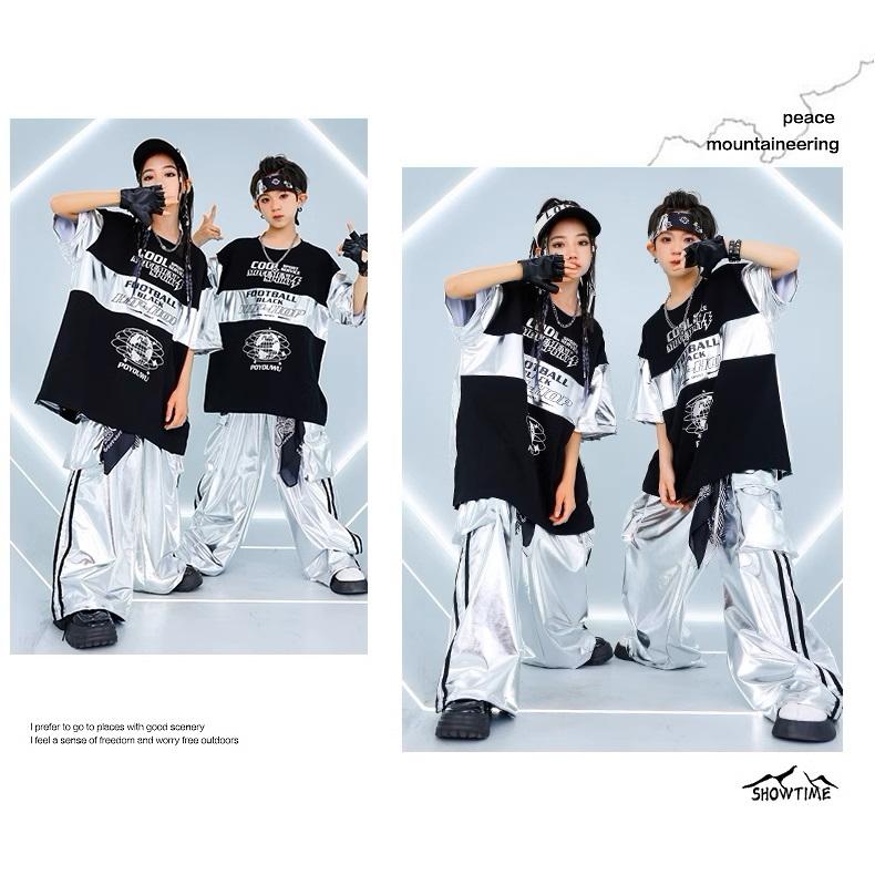 キッズダンス衣装 セットアップ 派手 キラキラTシャツ 銀 黒 シルバー