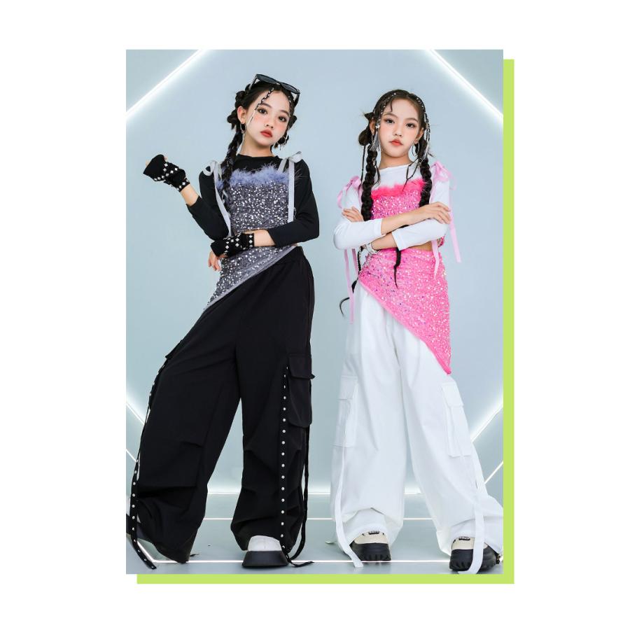 羽&スパンコール装飾ダンスコスチューム ダンス衣装 ガールズ 衣装 派手 K-POP 韓国 ジャズ セットアップ
