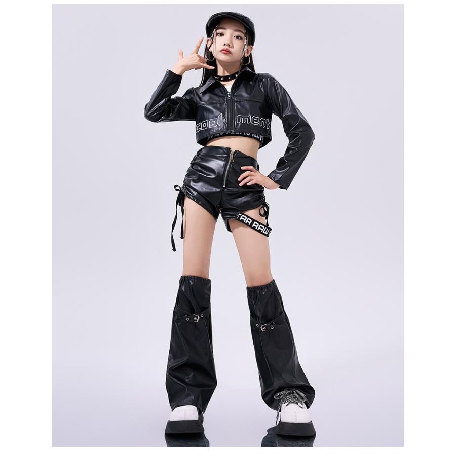 ダンス衣装 ガールズ 衣装 黒 レザー K-POP 韓国 セットアップ へそ
