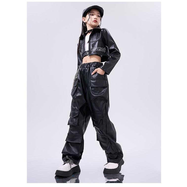ダンス衣装 ガールズ 衣装 黒 レザー K-POP 韓国 セットアップ へそ