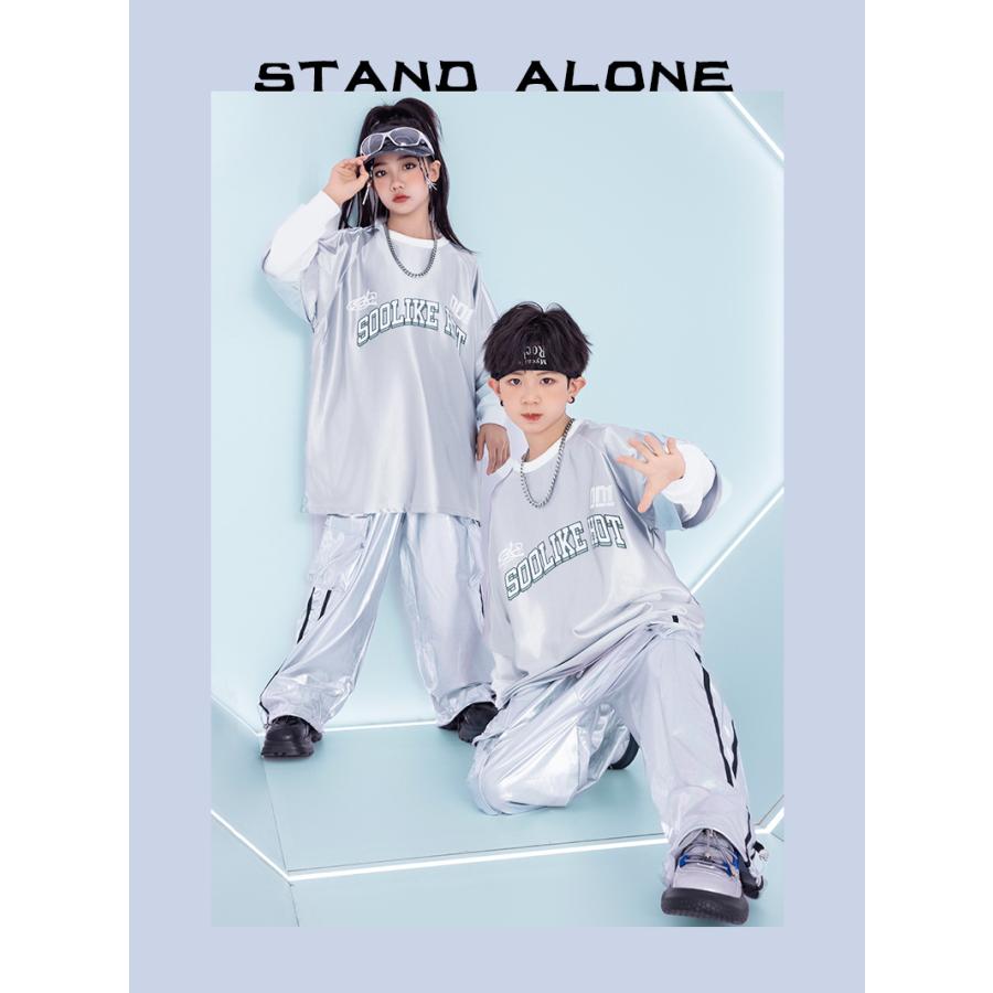 キッズダンス衣装 セットアップ 派手 キラキラTシャツ パンツ 銀