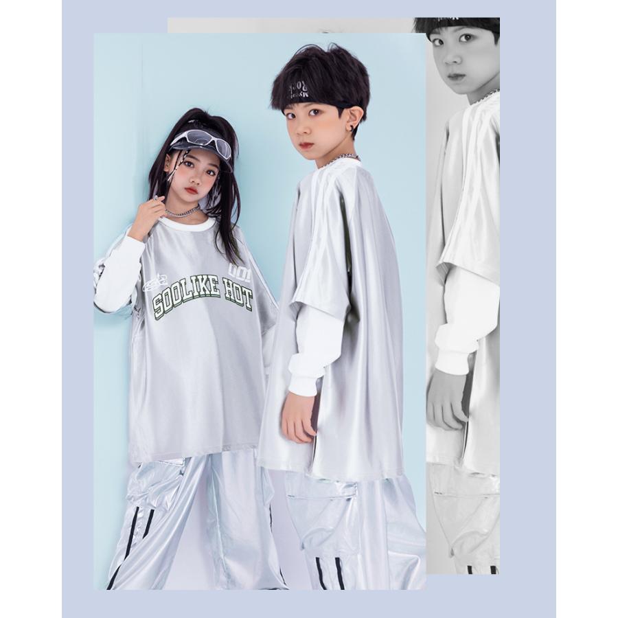 キッズダンス衣装 セットアップ 派手 キラキラTシャツ パンツ 銀