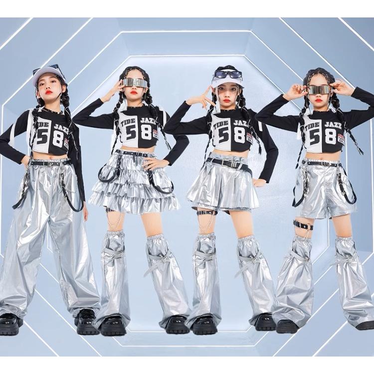 ダンス衣装 キッズ セットアップ 派手 バイカラートップス メタル
