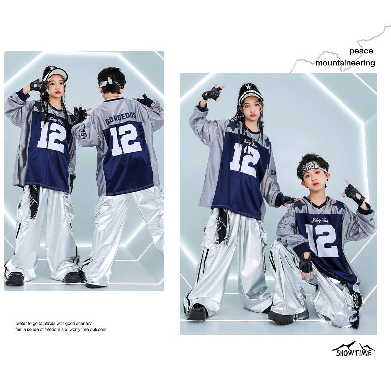キッズダンス衣装 セットアップ 派手 キラキラTシャツ 銀 シルバー K