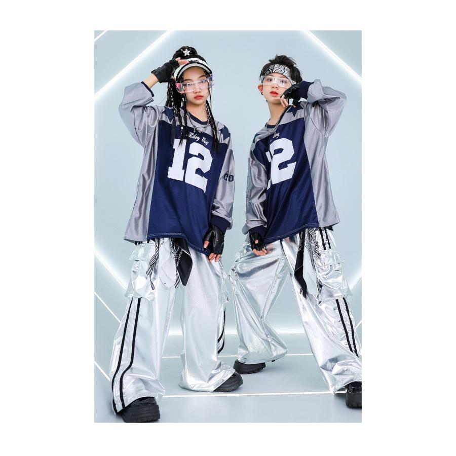 キッズダンス衣装 セットアップ 派手 キラキラTシャツ 銀 シルバー K