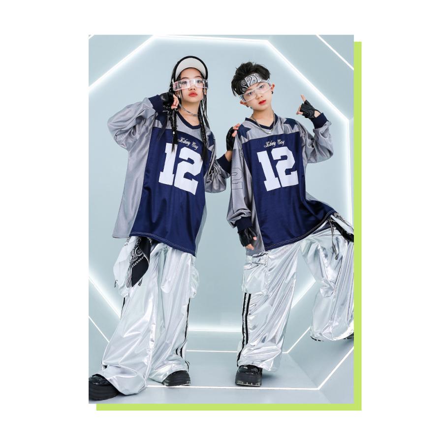 キッズダンス衣装 セットアップ 派手 キラキラTシャツ 銀 シルバー K