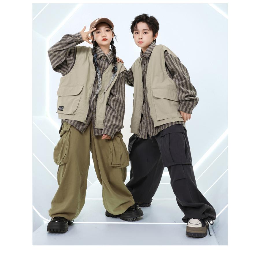 ヒップホップ ダンス衣装 セットアップ ベスト付き ストライプシャツ