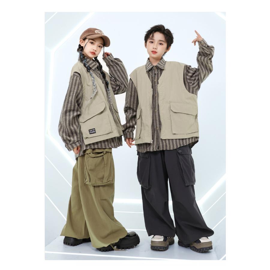 ヒップホップ ダンス衣装 セットアップ ベスト付き ストライプシャツ