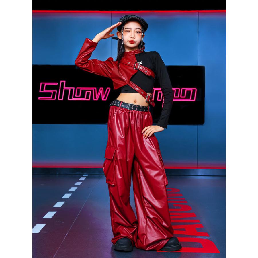 ダンス衣装 ガールズ 衣装 かっこいい 赤 レザー K-POP 韓国