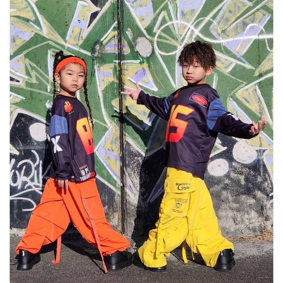 キッズダンス衣装 セットアップ ヒップホップ 衣装 黒 黄色 オレンジ K