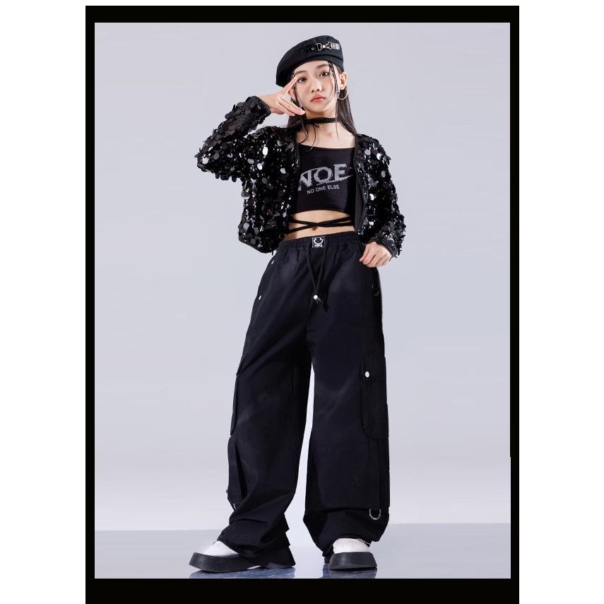 スパンコール ジョガーパンツ ブラック ダンス ステージ衣装 キラキラ 黒 ダンス 衣装 キッズ 黒 スパンコール キラキラ衣装 セットアップ K-POP
