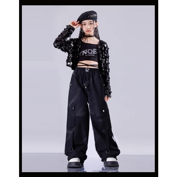 ダンス 衣装 キッズ 黒 スパンコール キラキラ衣装 セットアップ K-POP