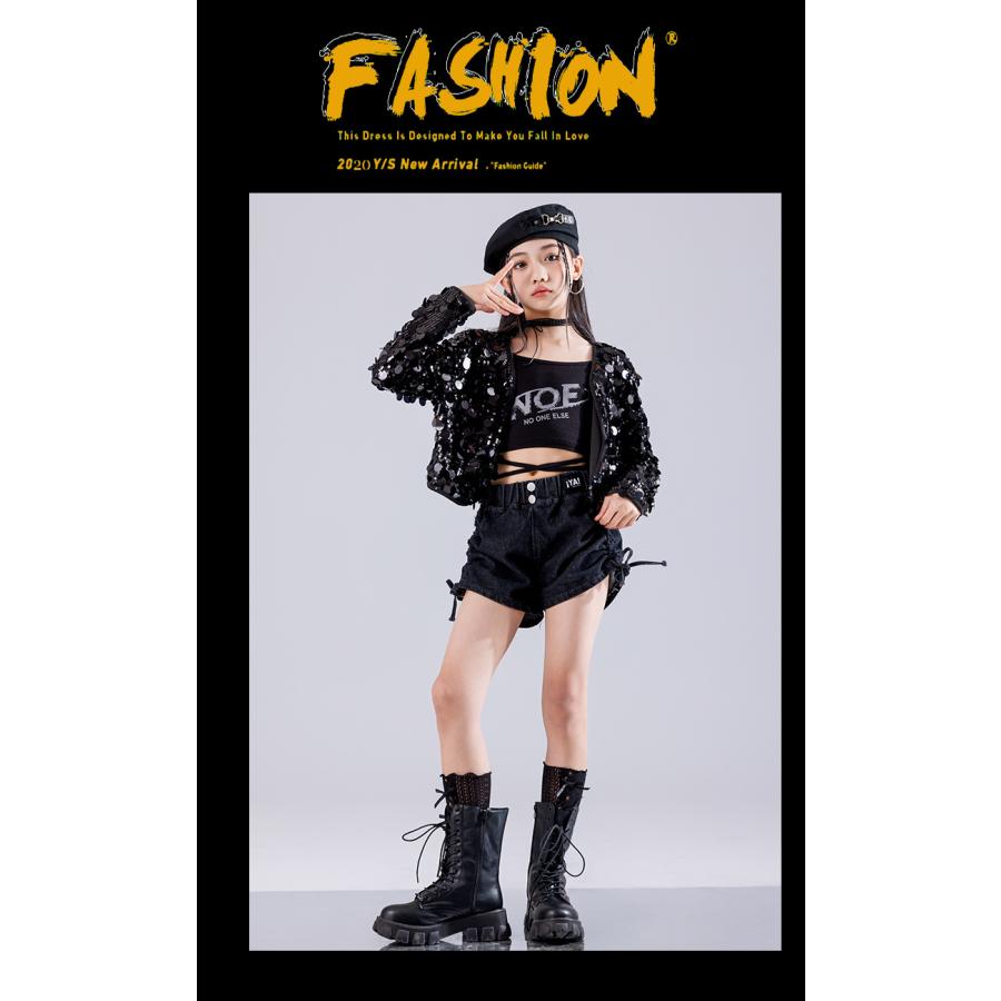 ダンス 衣装 キッズ 黒 スパンコール キラキラ衣装 セットアップ K-POP