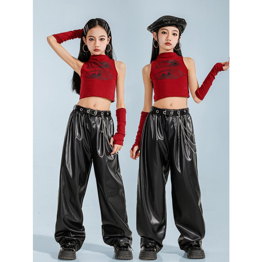 ダンス衣装 ガールズ 衣装 赤 黒 レザー 革 K-POP 韓国 セットアップ