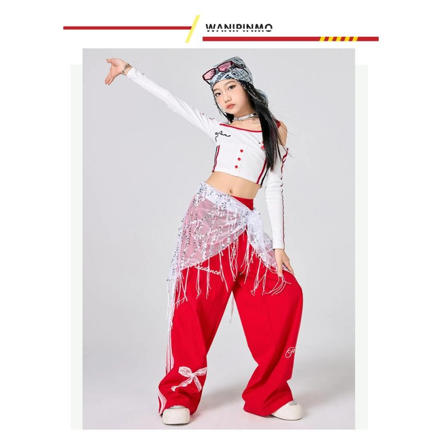 ガールズ ヒップホップ 衣装 白 赤 K-POP 韓国 チアダンス 子供ダンス