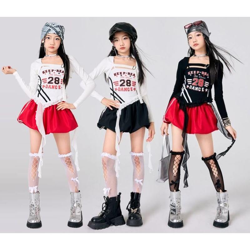 ガールズ ヒップホップ 衣装 黒 赤 白 K-POP 韓国 チアダンス 子供