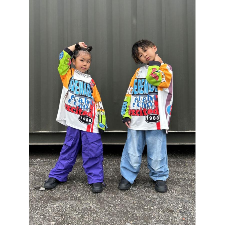 ヒップホップ ダンス衣装 キッズ セットアップ 派手 総柄 紫 デニム