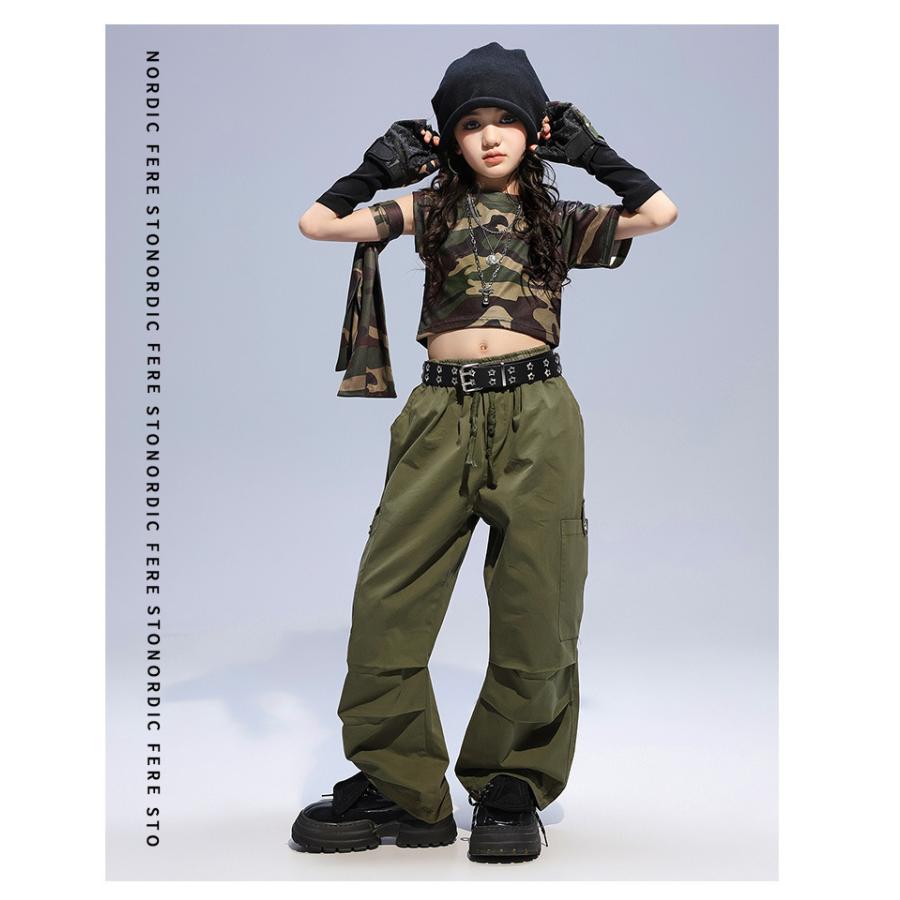 ダンス衣装 ガールズヒップホップ セットアップ ミリタリー カーキ 迷彩 カモフラージュ K-POP 韓国 派手 セクシー へそ出し 子供ダンス服の画像