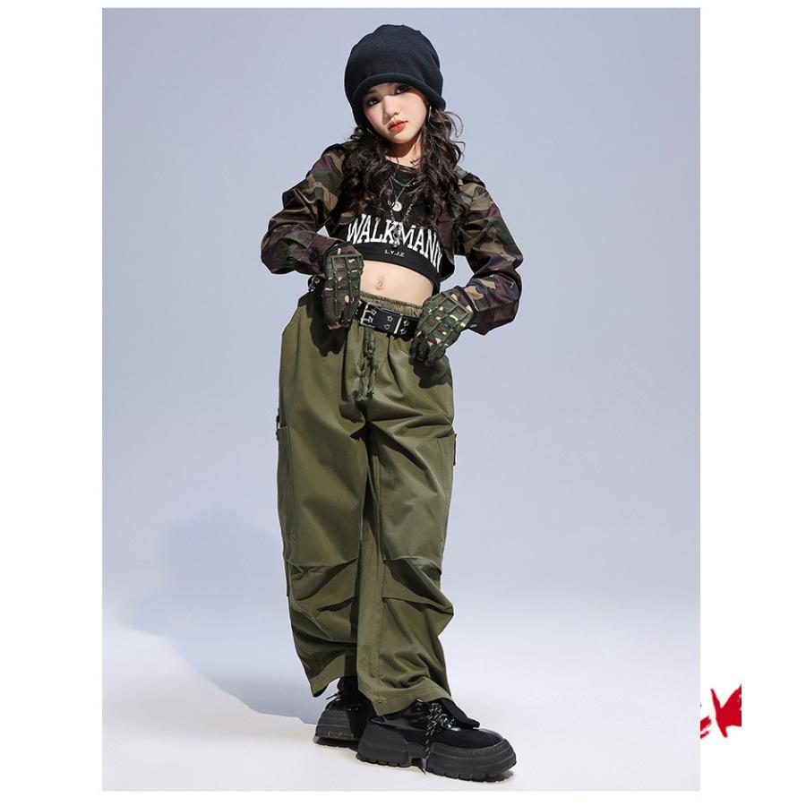 ダンス衣装 ガールズヒップホップ セットアップ ミリタリー カーキ 迷彩 カモフラージュ K-POP 韓国 派手 セクシー へそ出し 子供ダンス服の画像