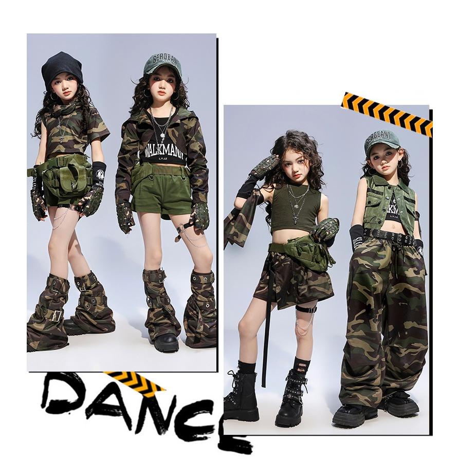 ダンス衣装 ガールズヒップホップ セットアップ ミリタリー カーキ 迷彩 カモフラージュ K-POP 韓国 派手 セクシー へそ出し 子供ダンス服の画像