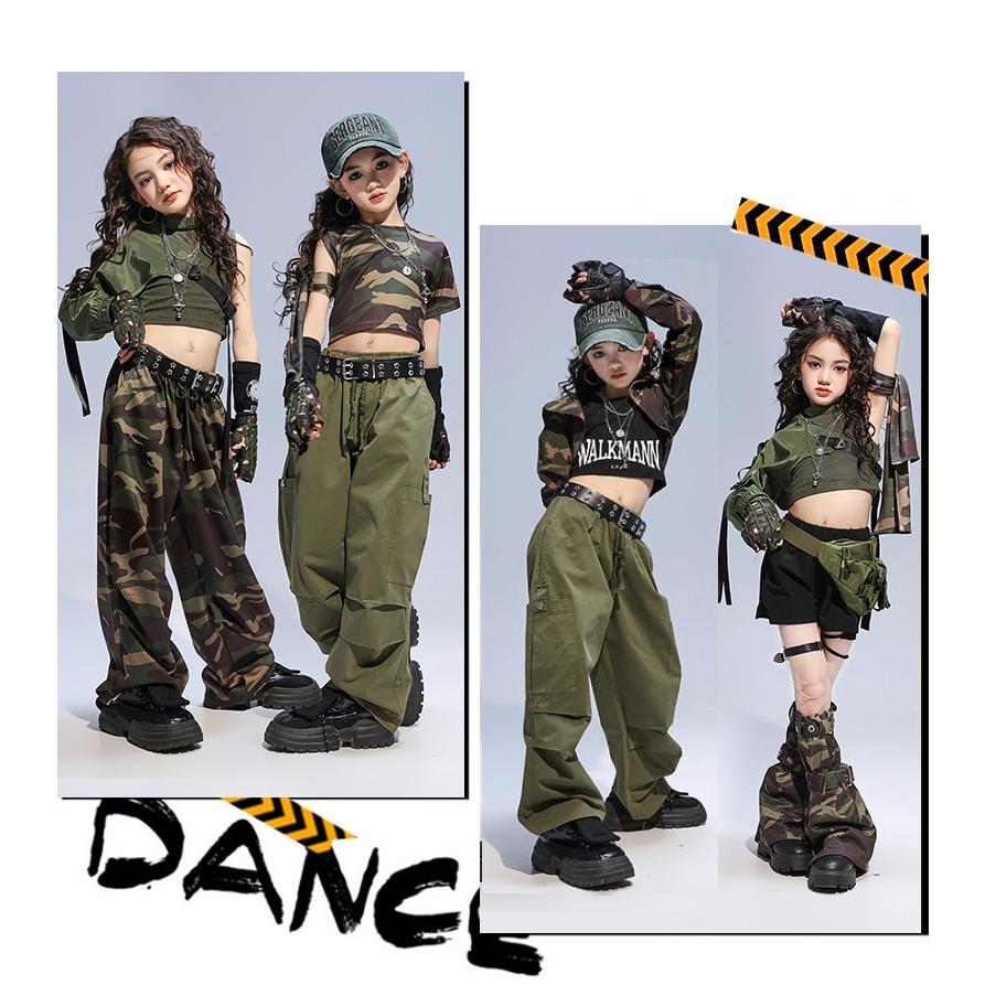 ダンス衣装 ガールズヒップホップ セットアップ ミリタリー カーキ 迷彩 カモフラージュ K-POP 韓国 派手 セクシー へそ出し 子供ダンス服の画像