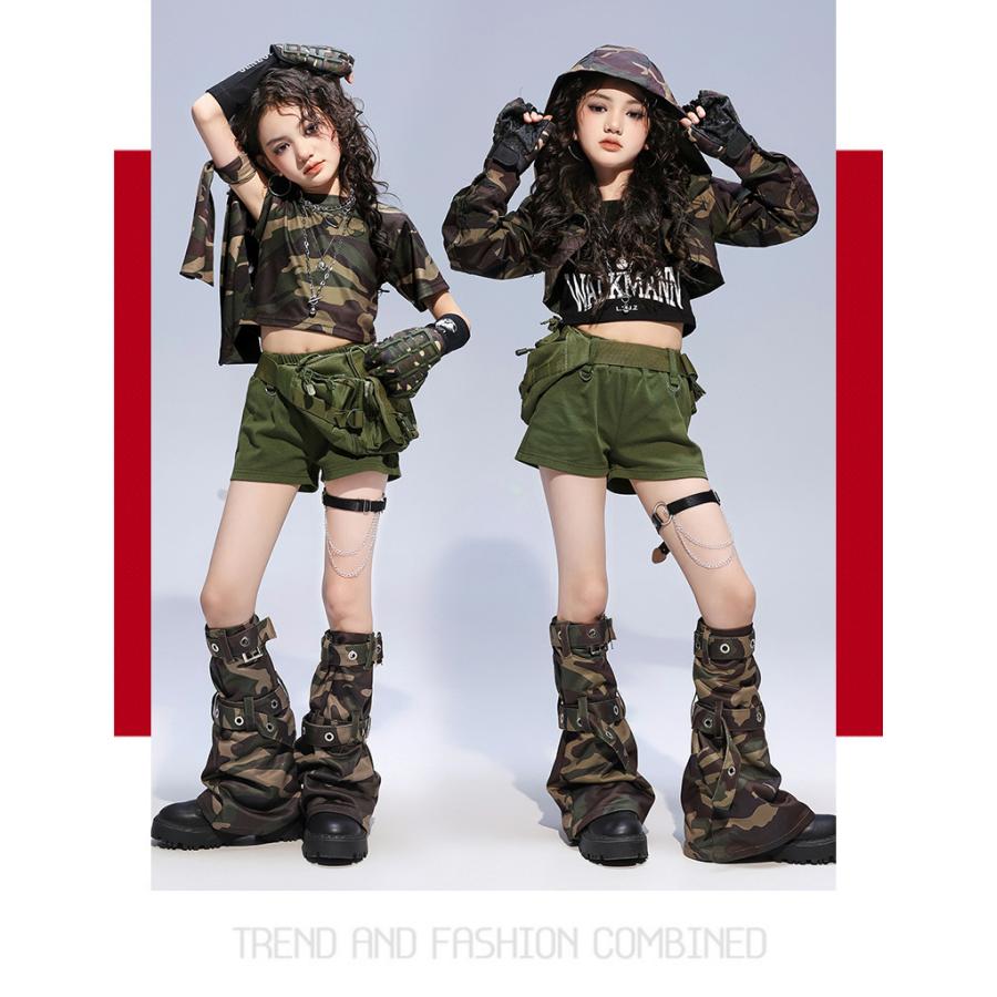 ダンス衣装 ガールズヒップホップ セットアップ ミリタリー カーキ 迷彩 カモフラージュ K-POP 韓国 派手 セクシー へそ出し 子供ダンス服の画像