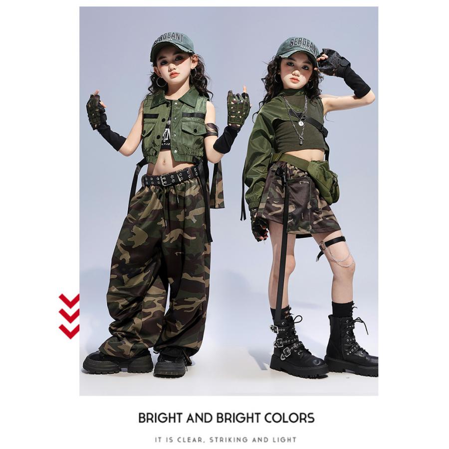 ダンス衣装 ガールズヒップホップ セットアップ ミリタリー カーキ 迷彩 カモフラージュ K-POP 韓国 派手 セクシー へそ出し 子供ダンス服の画像