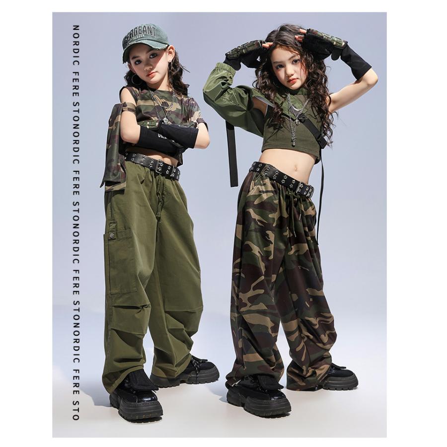 ダンス衣装 ガールズヒップホップ セットアップ ミリタリー カーキ 迷彩 カモフラージュ K-POP 韓国 派手 セクシー へそ出し 子供ダンス服の画像