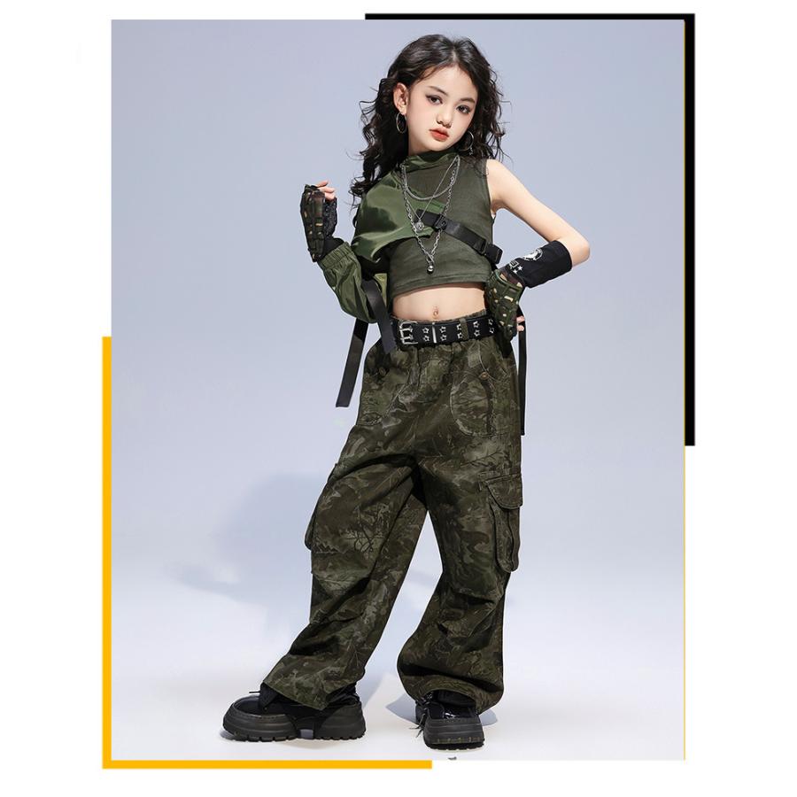 ダンス衣装 ガールズヒップホップ セットアップ ミリタリー カーキ