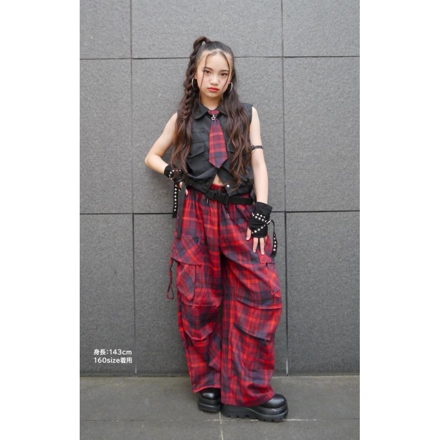 ダンス衣装 セットアップ 黒 赤 チェック柄 ガールズ ヒップホップ