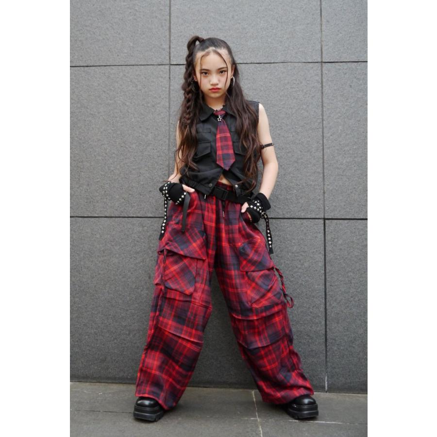 ダンス衣装 セットアップ 黒 赤 チェック柄 ガールズ ヒップホップ