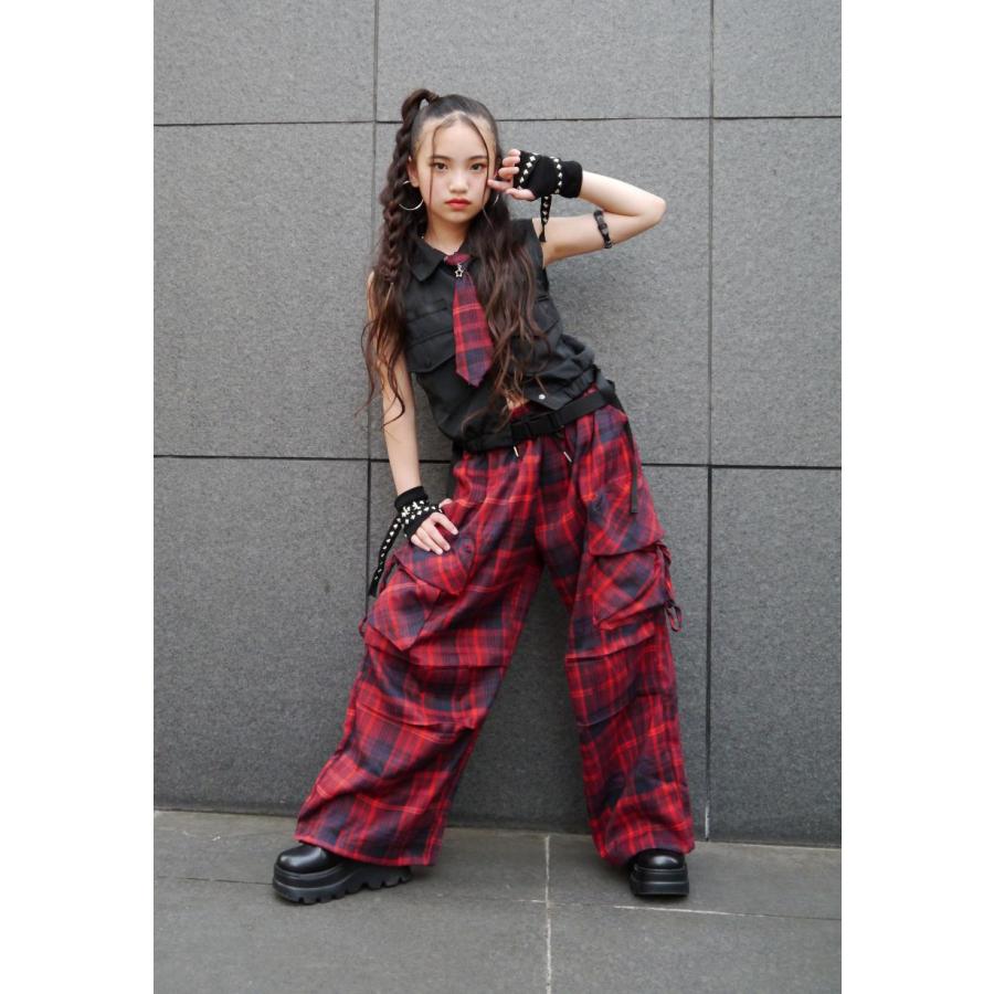 ダンス衣装 セットアップ 黒 赤 チェック柄 ガールズ ヒップホップ