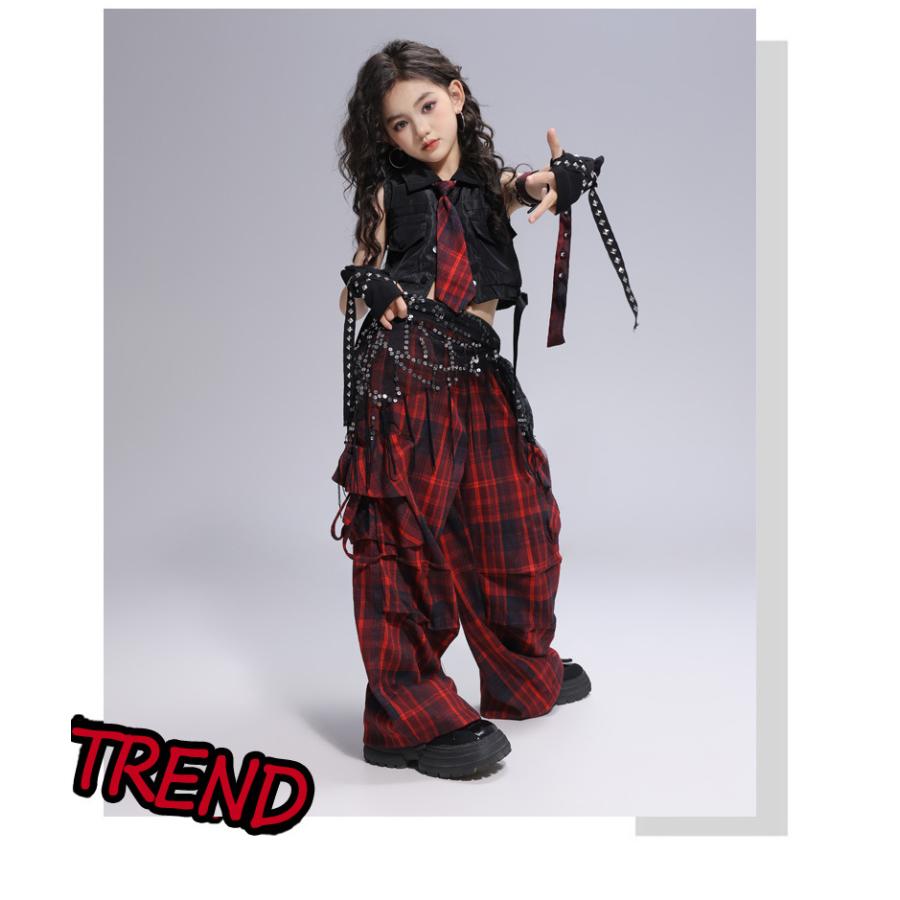 ダンス衣装 セットアップ 黒 赤 チェック柄 ガールズ ヒップホップ