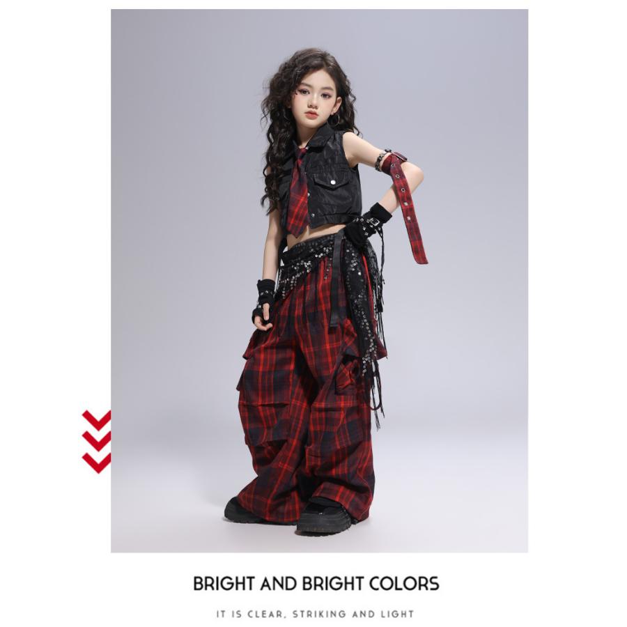 ダンス衣装 セットアップ 黒 赤 チェック柄 ガールズ ヒップホップ