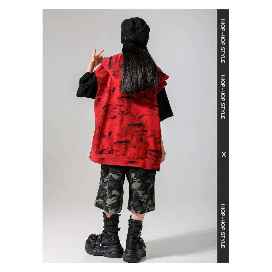キッズダンス衣装 セットアップ ヒップホップ 衣装 赤 黒 フード付き