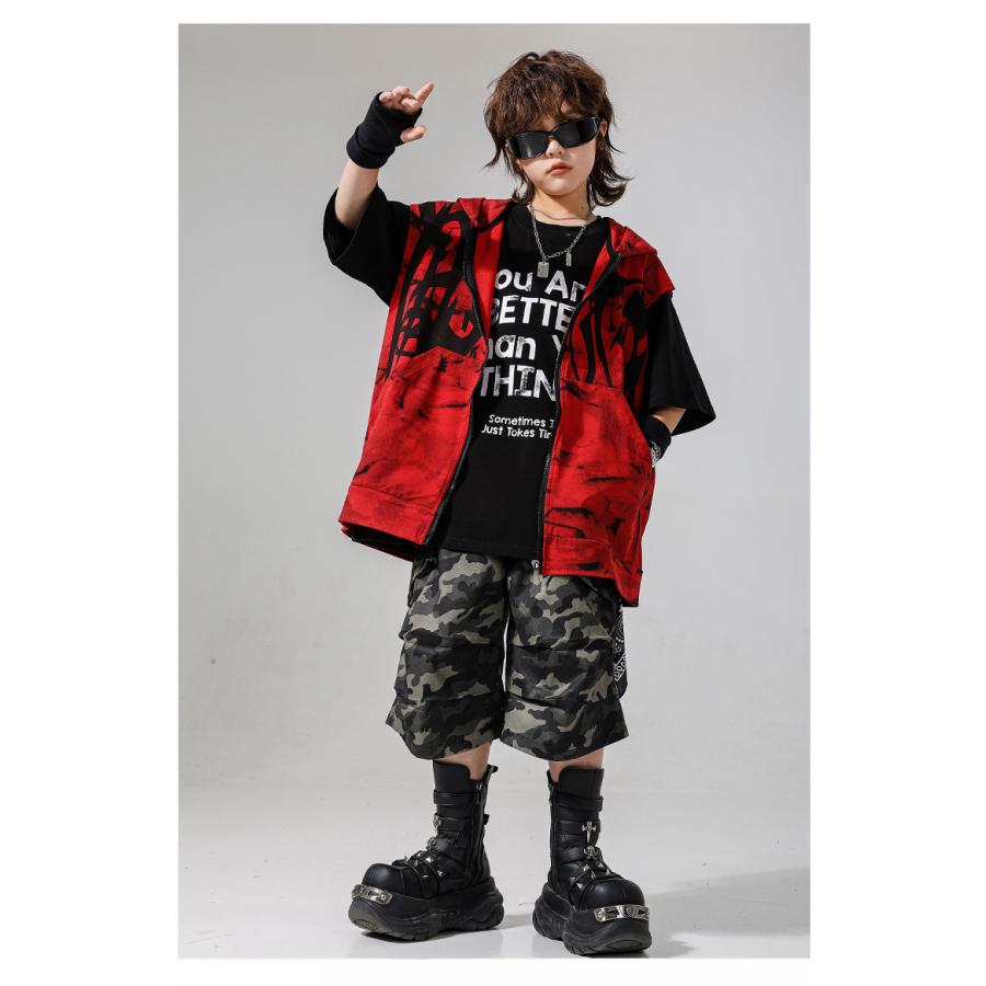 キッズダンス衣装 セットアップ ヒップホップ 衣装 赤 黒 フード付き