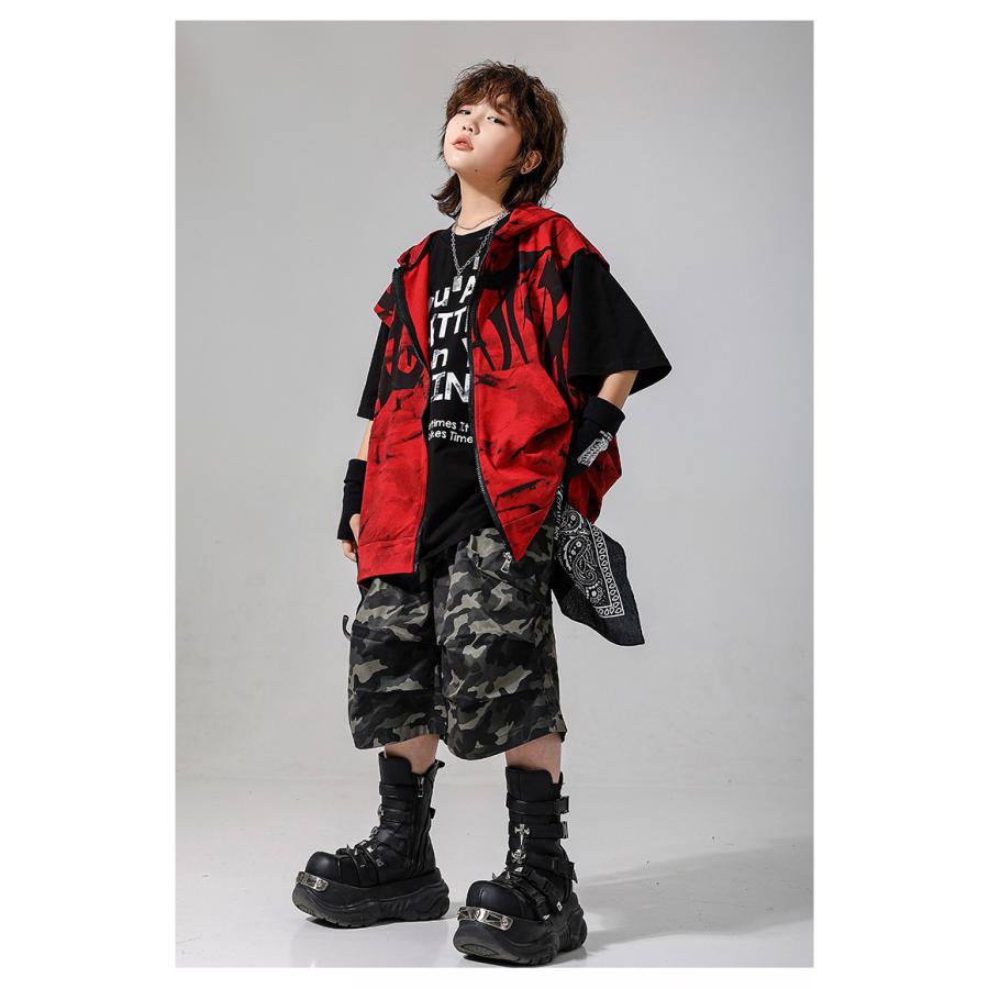 キッズダンス衣装 セットアップ ヒップホップ 衣装 赤 黒 フード付き
