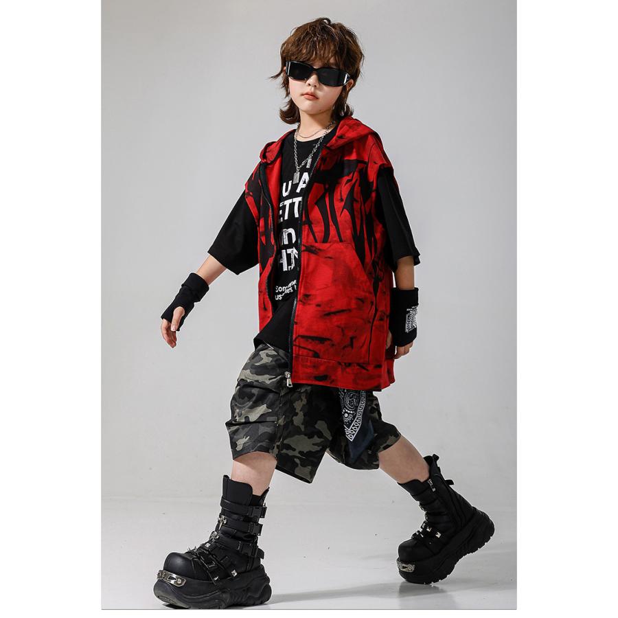 キッズダンス衣装 セットアップ ヒップホップ 衣装 赤 黒 フード付き