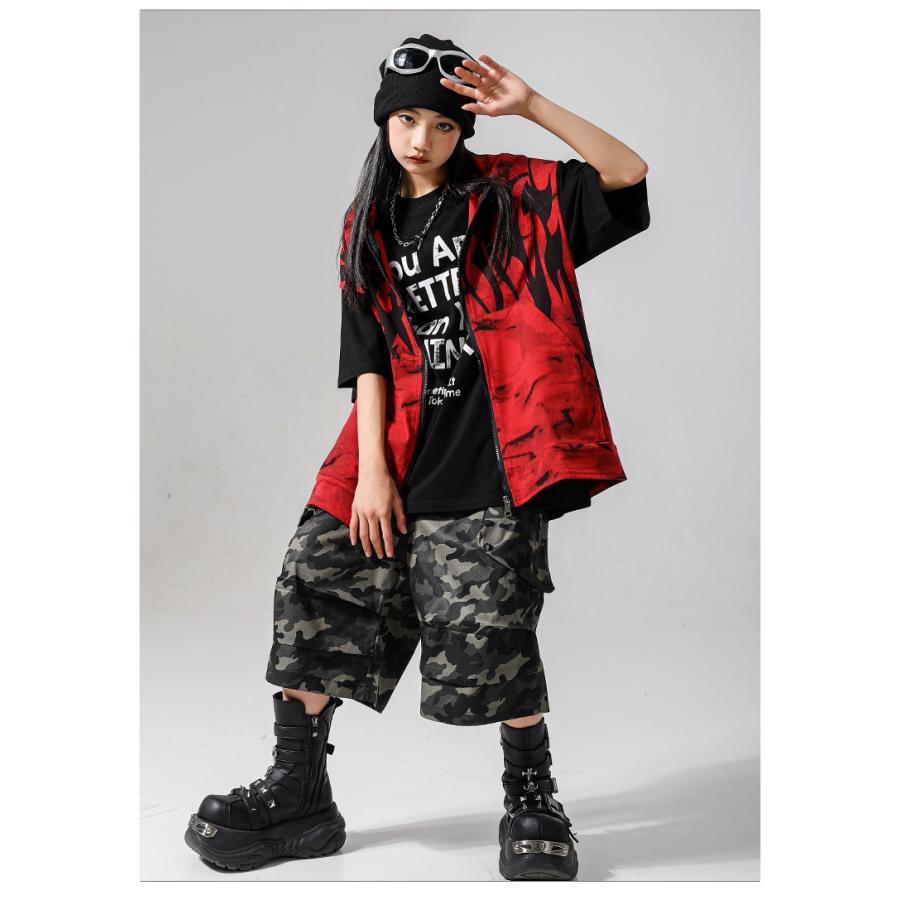 キッズダンス衣装 セットアップ ヒップホップ 衣装 赤 黒 フード付き