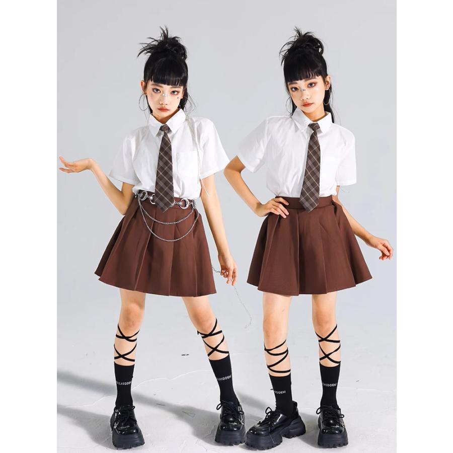 キッズダンス衣装 白 グレー ブラウン 制服 K-POP 韓国 ヒップホップ