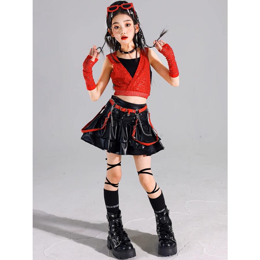 ダンス衣装 ガールズ 赤 黒 衣装 派手 K-POP 韓国 ジャズ セットアップ